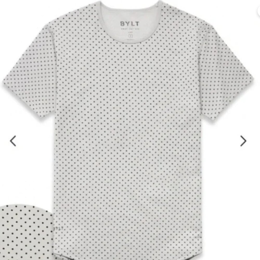 BYLT BASICS Ivory Lux Drop Cut Short Sleeve Shirt with Navy Polka Dots, Size: XL